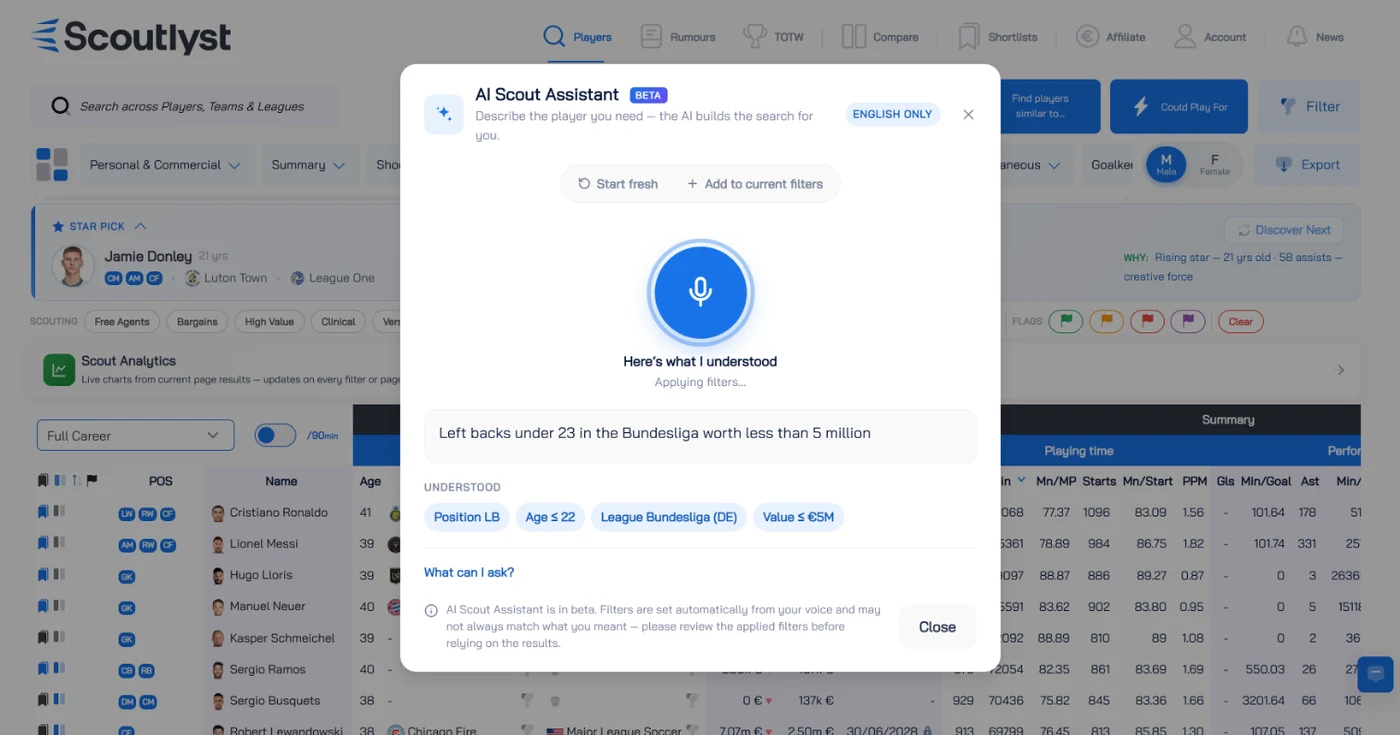 Scoutlyst AI Scout Assistant - describe the football player you need and AI builds the search